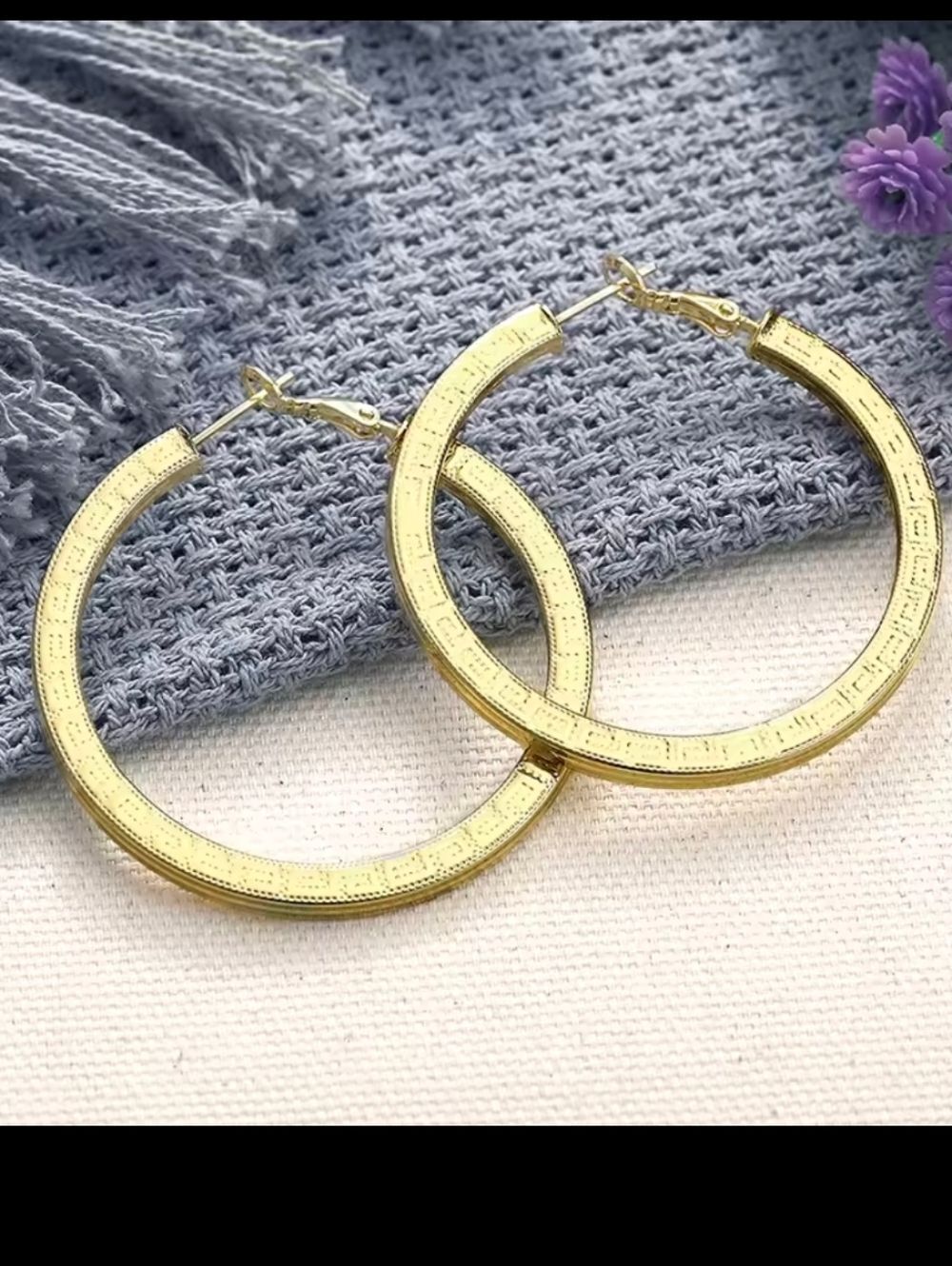 Designer Inspired 18K Gold Plated Greek Design Hoop Earrings - Picture 7 of 8